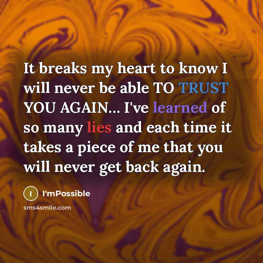 “It breaks my heart to know I will never be able TO TRUST YOU AGAIN… I've learned of so many lies and each time it takes a piece of me that you will never get back again.” quote by I'mPossible