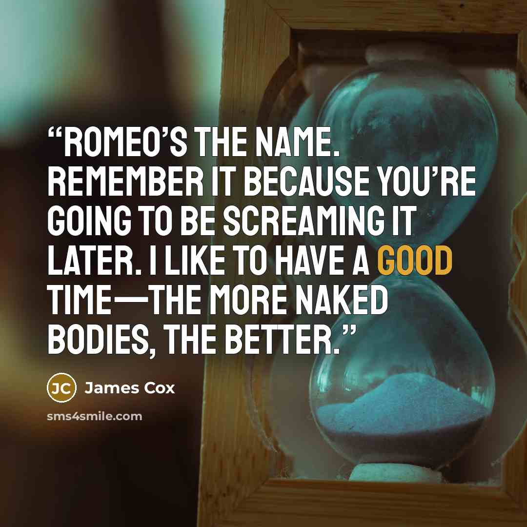 “Romeo’s the name. Remember it because you’re going to be screaming it later. I like to have a good time—the more naked bodies, the better.” quote by James Cox