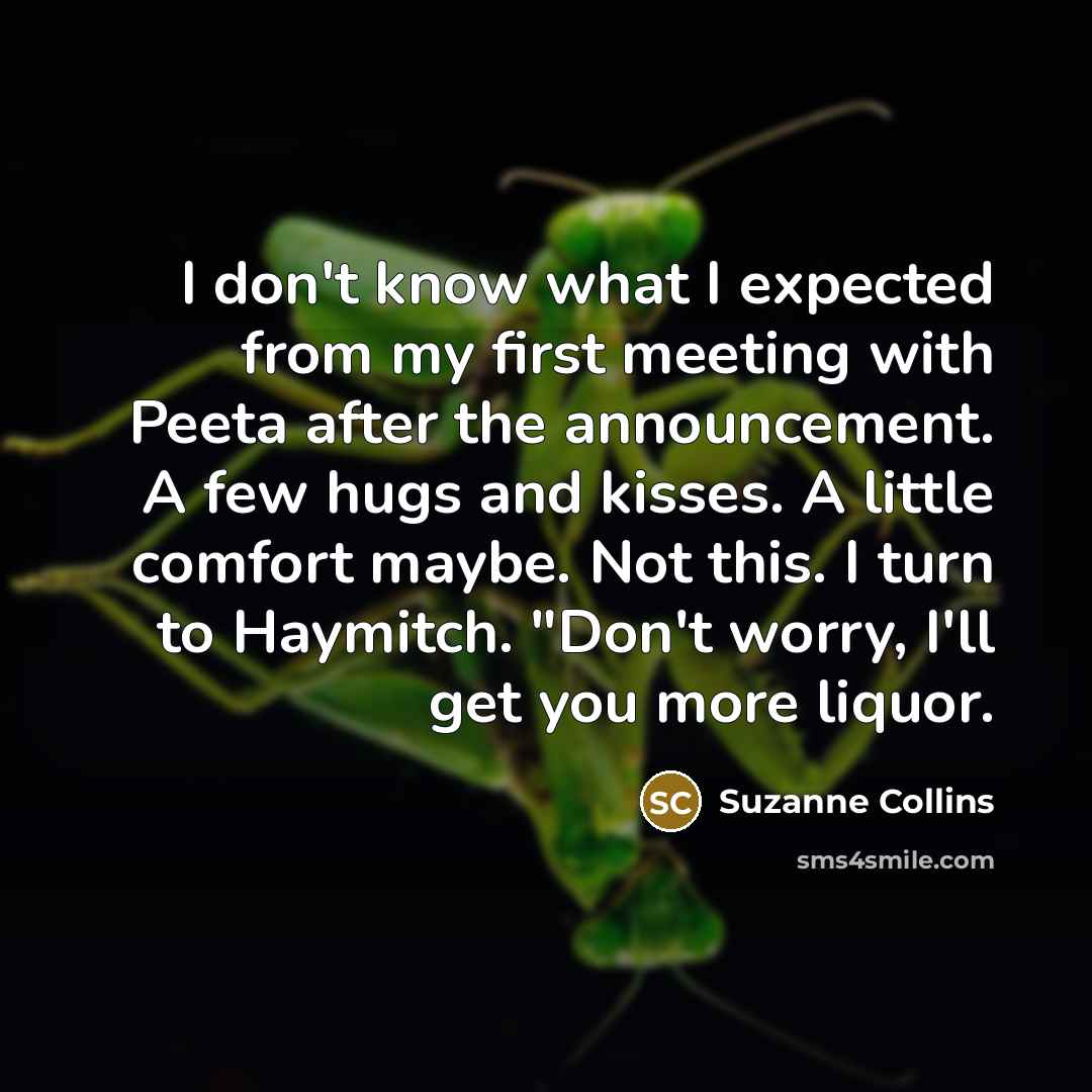 “I don't know what I expected from my first meeting with Peeta after the announcement. A few hugs and kisses. A little comfort maybe. Not this. I turn to Haymitch. "Don't worry, I'll get you more liquor.” quote by Suzanne Collins