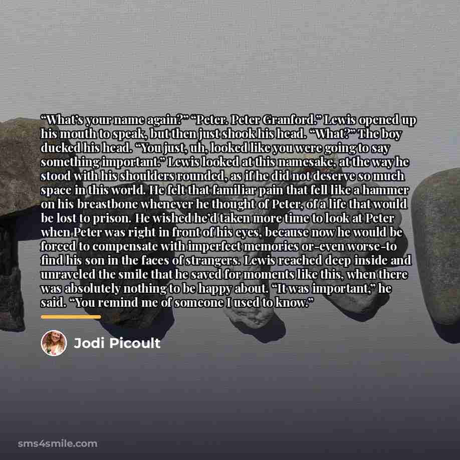 “What’s your name again?” “Peter. Peter Granford.” Lewis opened up his mouth to speak, but then just shook his head. “What?” The boy ducked his head. “You just, uh, looked like you were going to say something important.” Lewis looked at this namesake, at the way he stood with his shoulders rounded…” quote by Jodi Picoult