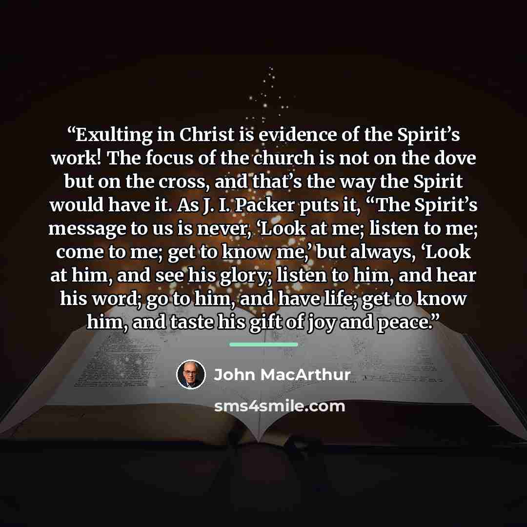 “Exulting in Christ is evidence of the Spirit’s work! The focus of the church is not on the dove but on the cross, and that’s the way the Spirit would have it. As J. I. Packer puts it, “The Spirit’s message to us is never, ‘Look at me; listen to me; come to me; get to know me,’ but always, ‘Look at…” quote by John MacArthur