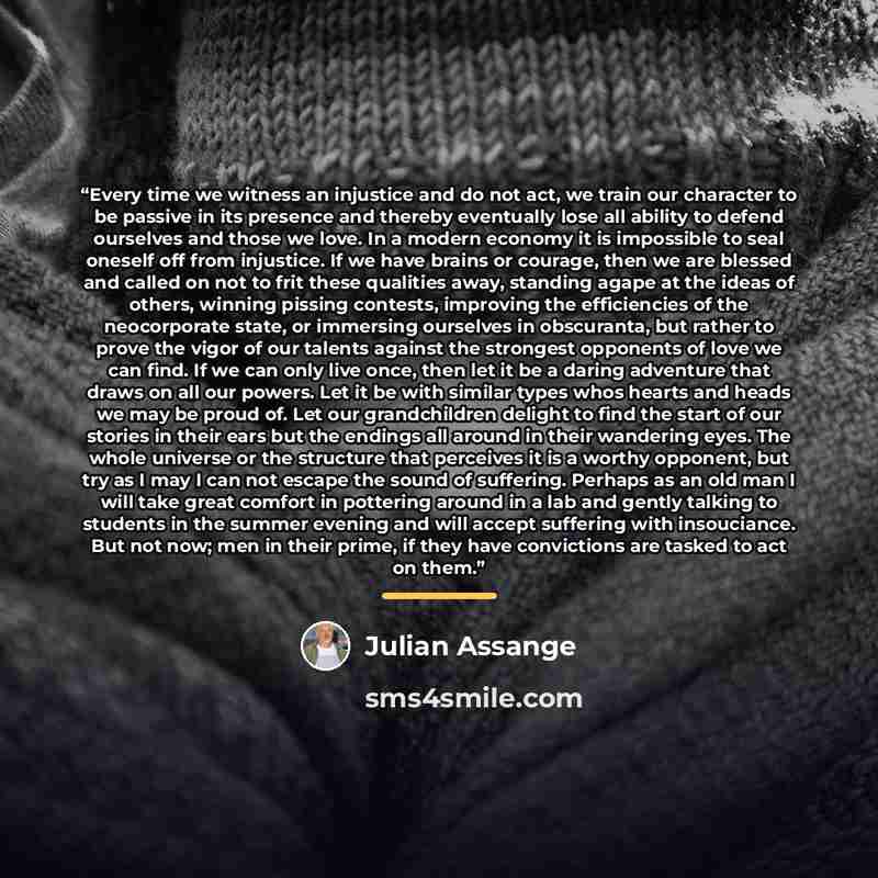 “Every time we witness an injustice and do not act, we train our character to be passive in its presence and thereby eventually lose all ability to defend ourselves and those we love. In a modern economy it is impossible to seal oneself off from injustice. If we have brains or courage, then we are…” quote by Julian Assange