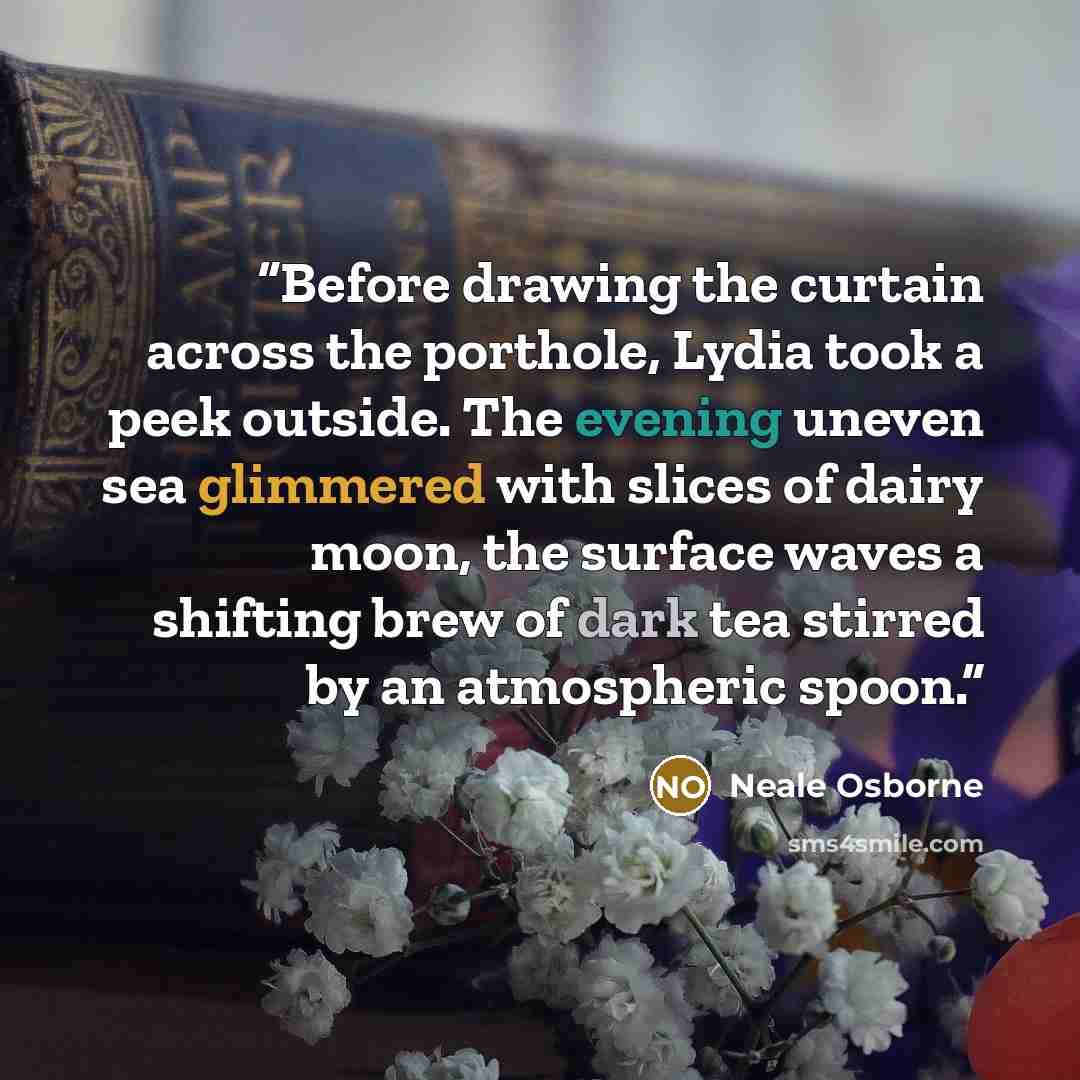 “Before drawing the curtain across the porthole, Lydia took a peek outside. The evening uneven sea glimmered with slices of dairy moon, the surface waves a shifting brew of dark tea stirred by an atmospheric spoon.” quote by Neale Osborne