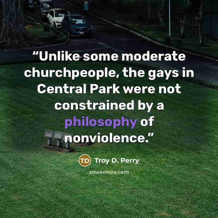 “Unlike some moderate churchpeople, the gays in Central Park were not constrained by a philosophy of nonviolence.” quote by Troy D. Perry