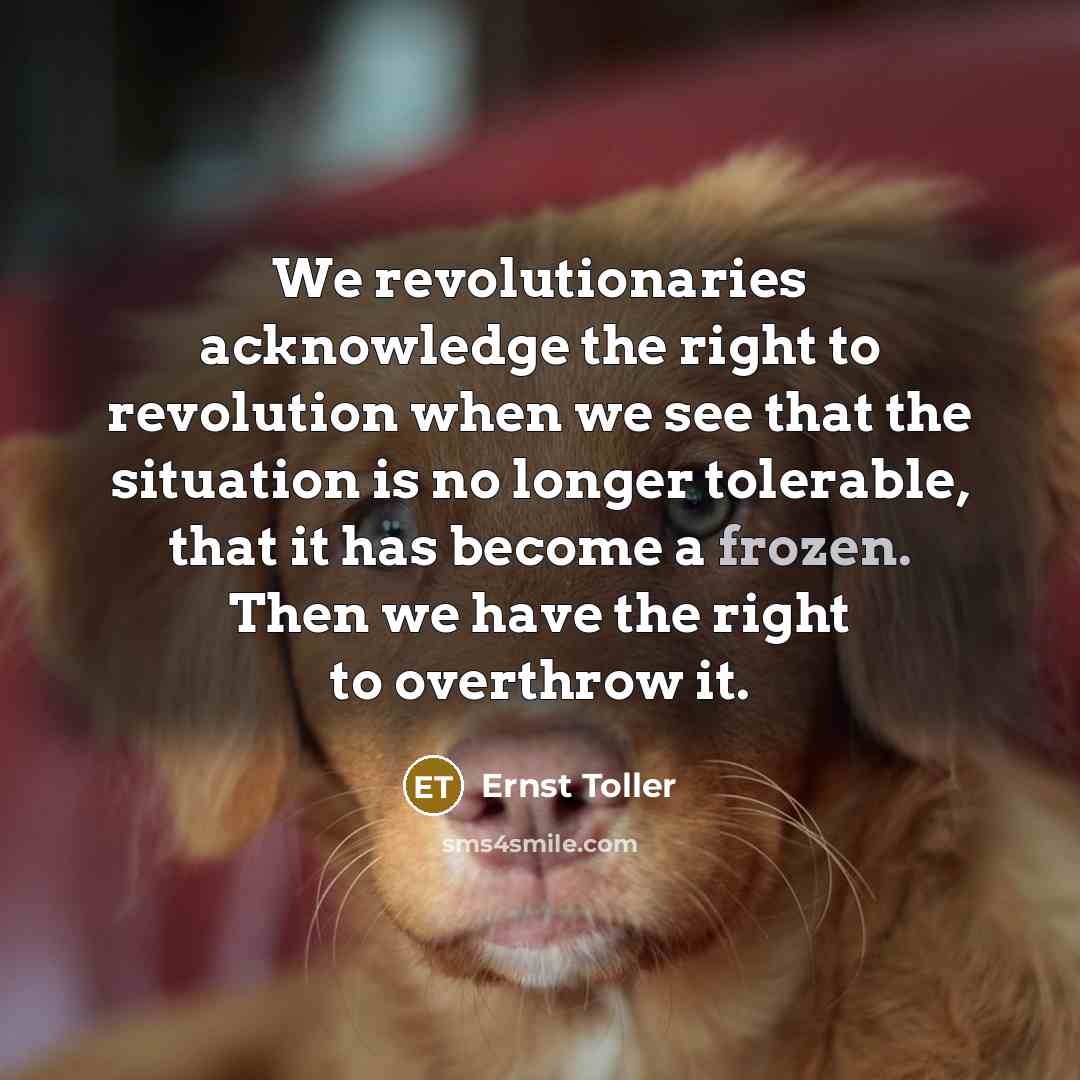 “We revolutionaries acknowledge the right to revolution when we see that the situation is no longer tolerable, that it has become a frozen. Then we have the right to overthrow it.” quote by Ernst Toller