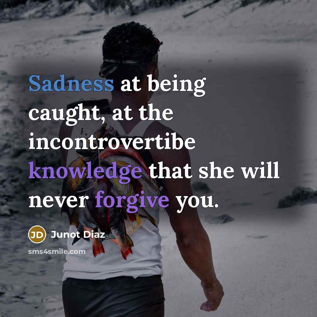 “Sadness at being caught, at the incontrovertibe knowledge that she will never forgive you.” quote by Junot Diaz