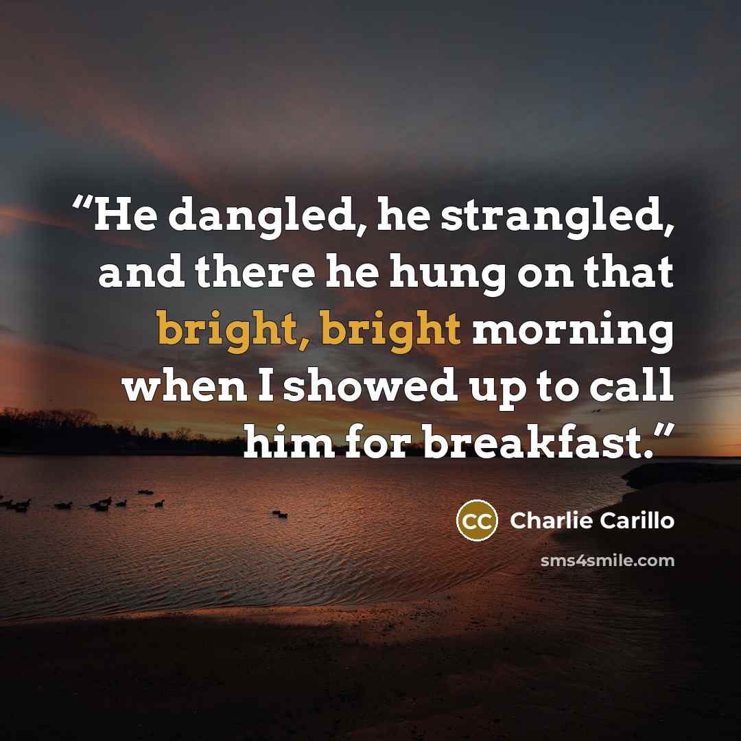 “He dangled, he strangled, and there he hung on that bright, bright morning when I showed up to call him for breakfast.” quote by Charlie Carillo