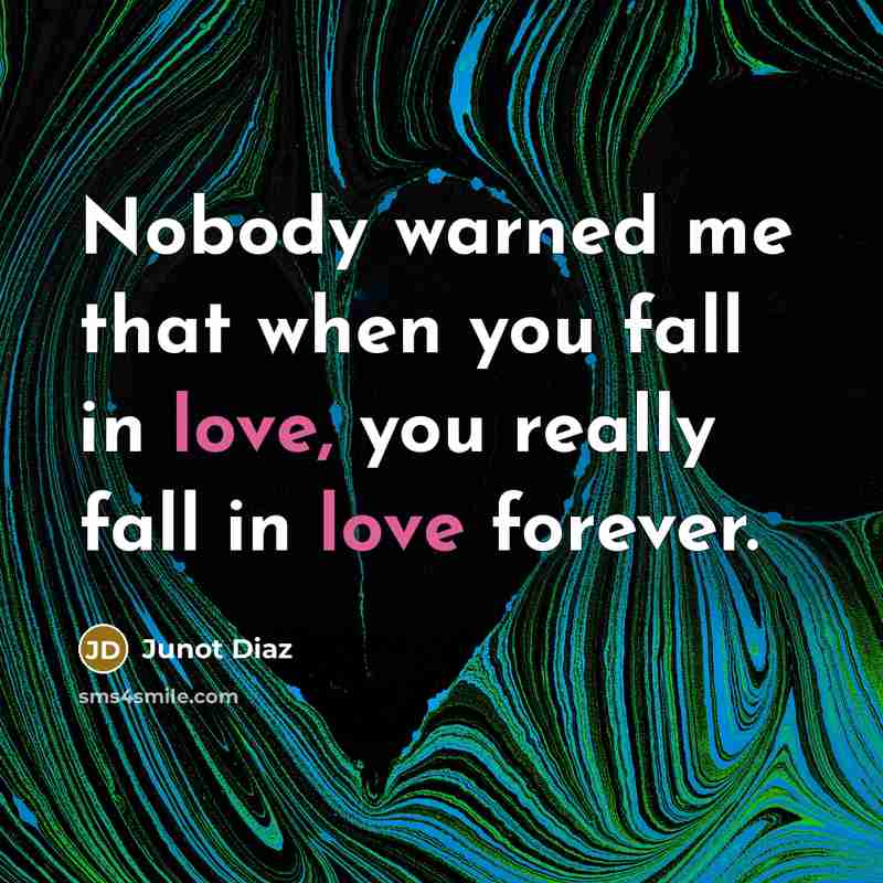 “Nobody warned me that when you fall in love, you really fall in love forever.” quote by Junot Diaz