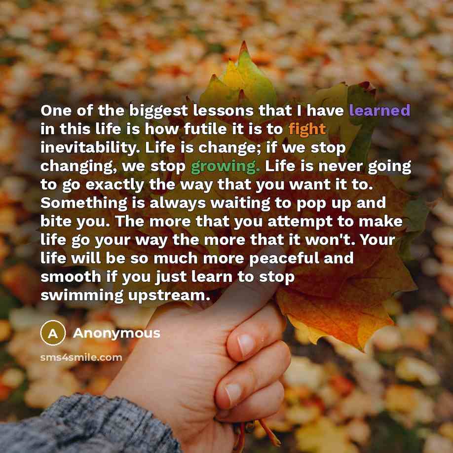 “One of the biggest lessons that I have learned in this life is how futile it is to fight inevitability. Life is change; if we stop changing, we stop growing. Life is never going to go exactly the way that you want it to. Something is always waiting to pop up and bite you. The more that you attempt…” quote by Anonymous