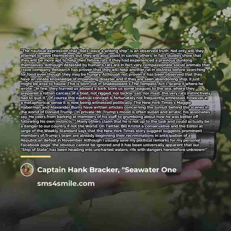 “The nautical expression that “Rats leave a sinking ship” is an observed truth. Not only will they attempt to save themselves but they will also assist in saving others. In fact studies show that they will be more apt to help their fellow rats if they had experienced a previous dunking themselves…” quote by Captain Hank Bracker, "Seawater One