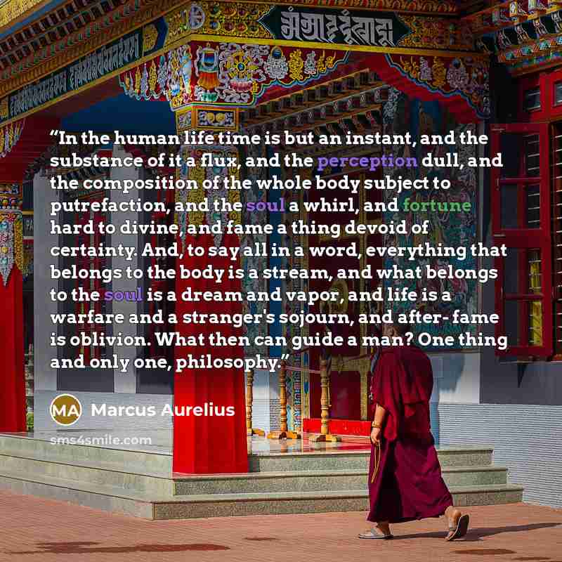 “In the human life time is but an instant, and the substance of it a flux, and the perception dull, and the composition of the whole body subject to putrefaction, and the soul a whirl, and fortune hard to divine, and fame a thing devoid of certainty. And, to say all in a word, everything that…” quote by Marcus Aurelius