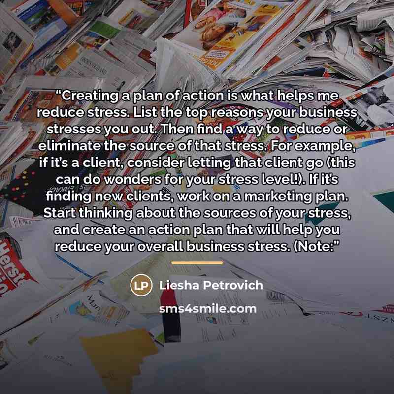 “Creating a plan of action is what helps me reduce stress. List the top reasons your business stresses you out. Then find a way to reduce or eliminate the source of that stress. For example, if it’s a client, consider letting that client go (this can do wonders for your stress level!). If it’s…” quote by Liesha Petrovich