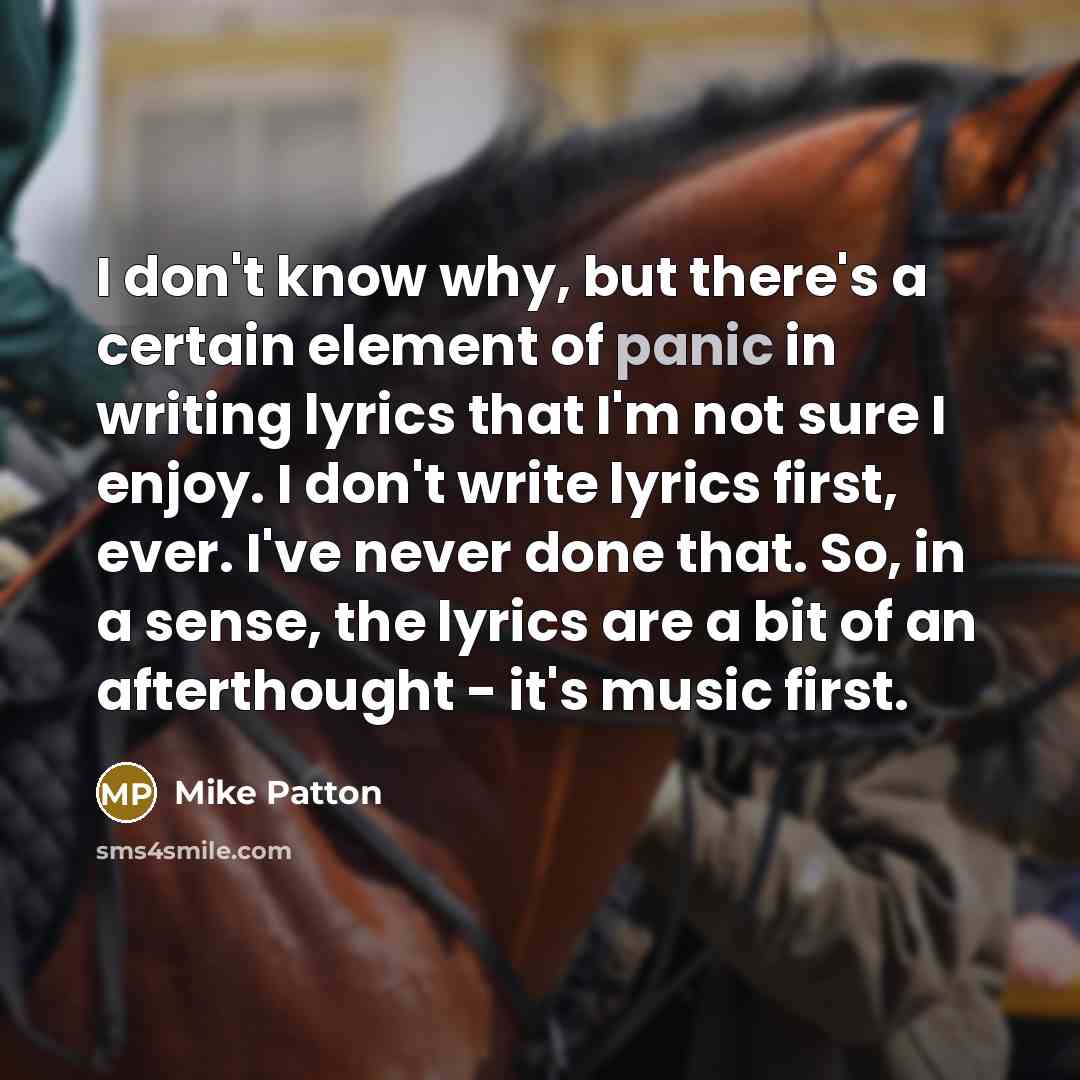 “I don't know why, but there's a certain element of panic in writing lyrics that I'm not sure I enjoy. I don't write lyrics first, ever. I've never done that. So, in a sense, the lyrics are a bit of an afterthought - it's music first.” quote by Mike Patton