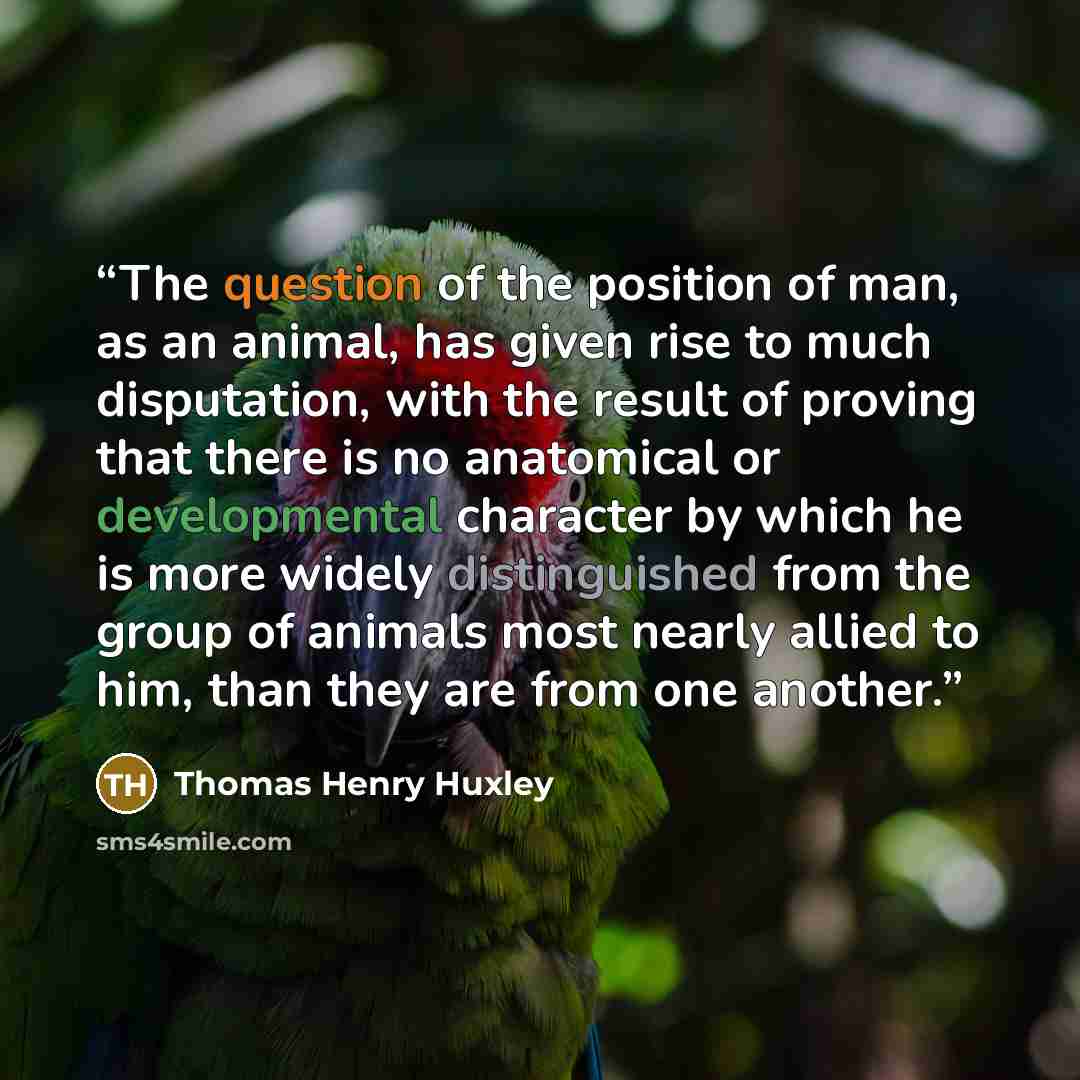 “The question of the position of man, as an animal, has given rise to much disputation, with the result of proving that there is no anatomical or developmental character by which he is more widely distinguished from the group of animals most nearly allied to him, than they are from one another.” quote by Thomas Henry Huxley