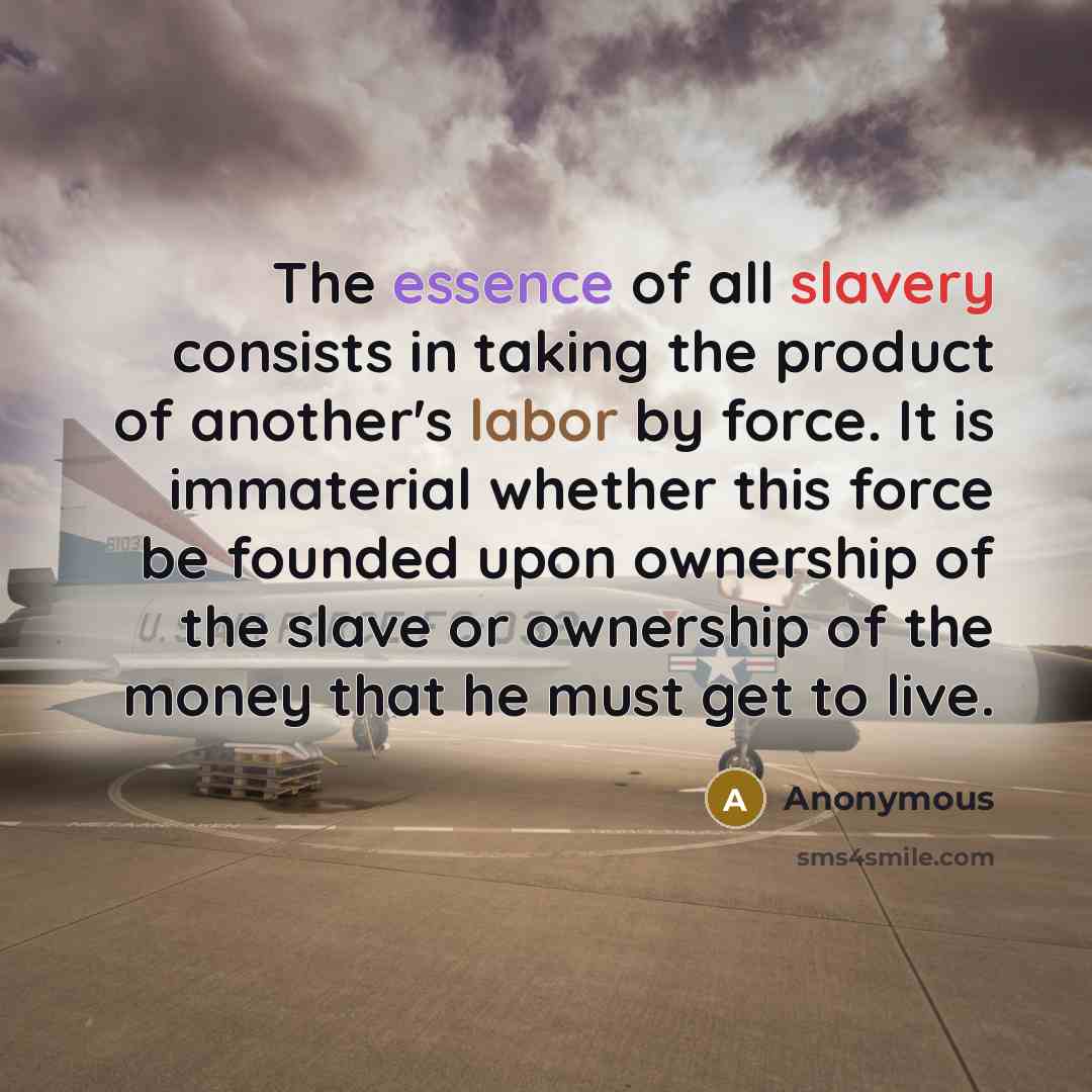 “The essence of all slavery consists in taking the product of another's labor by force. It is immaterial whether this force be founded upon ownership of the slave or ownership of the money that he must get to live.” quote by Anonymous