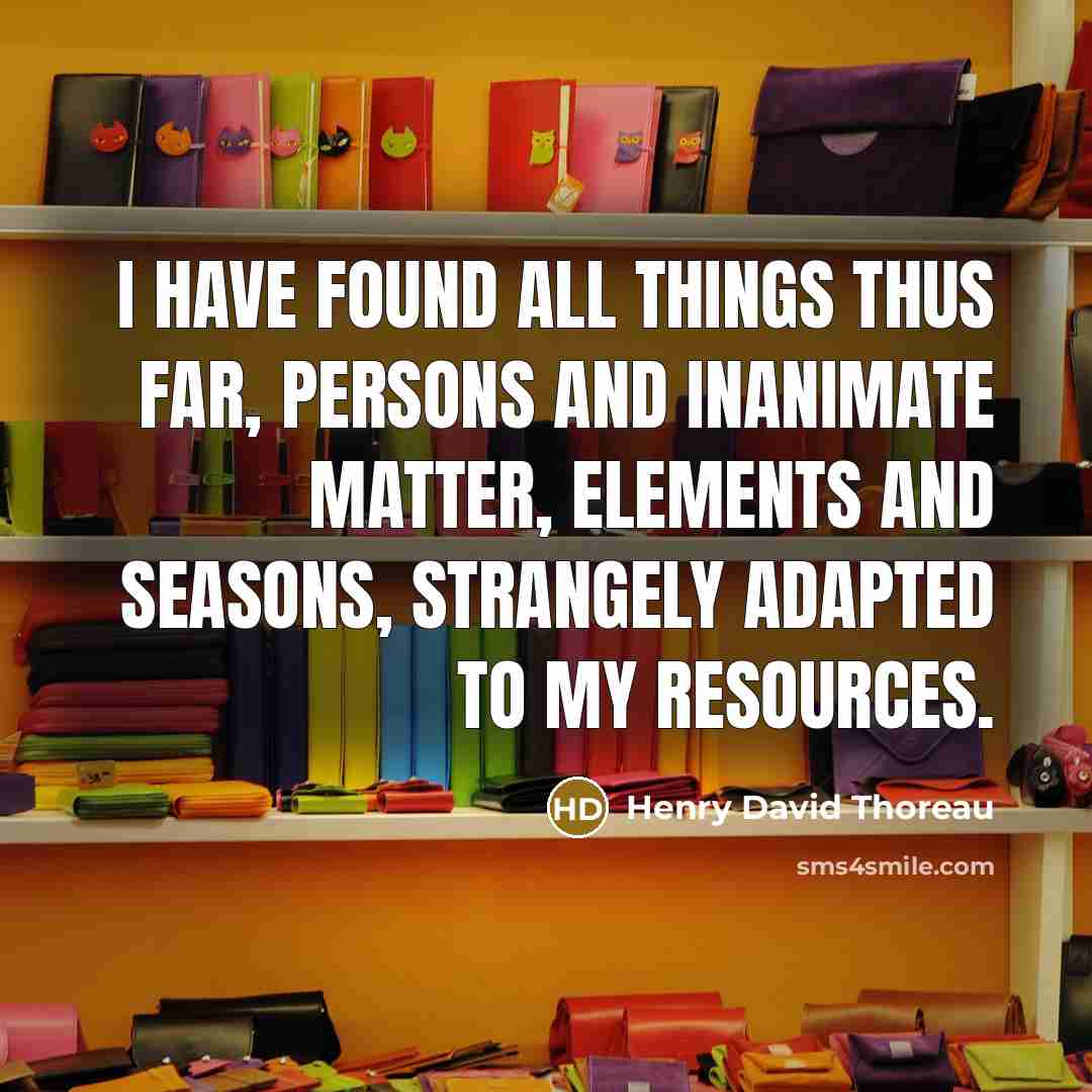 “I have found all things thus far, persons and inanimate matter, elements and seasons, strangely adapted to my resources.” quote by Henry David Thoreau