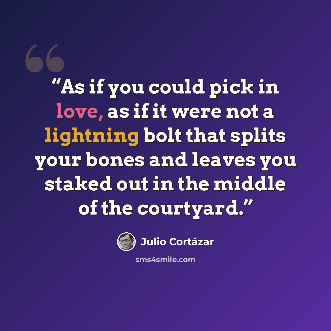 “As if you could pick in love, as if it were not a lightning bolt that splits your bones and leaves you staked out in the middle of the courtyard.” quote by Julio Cortázar