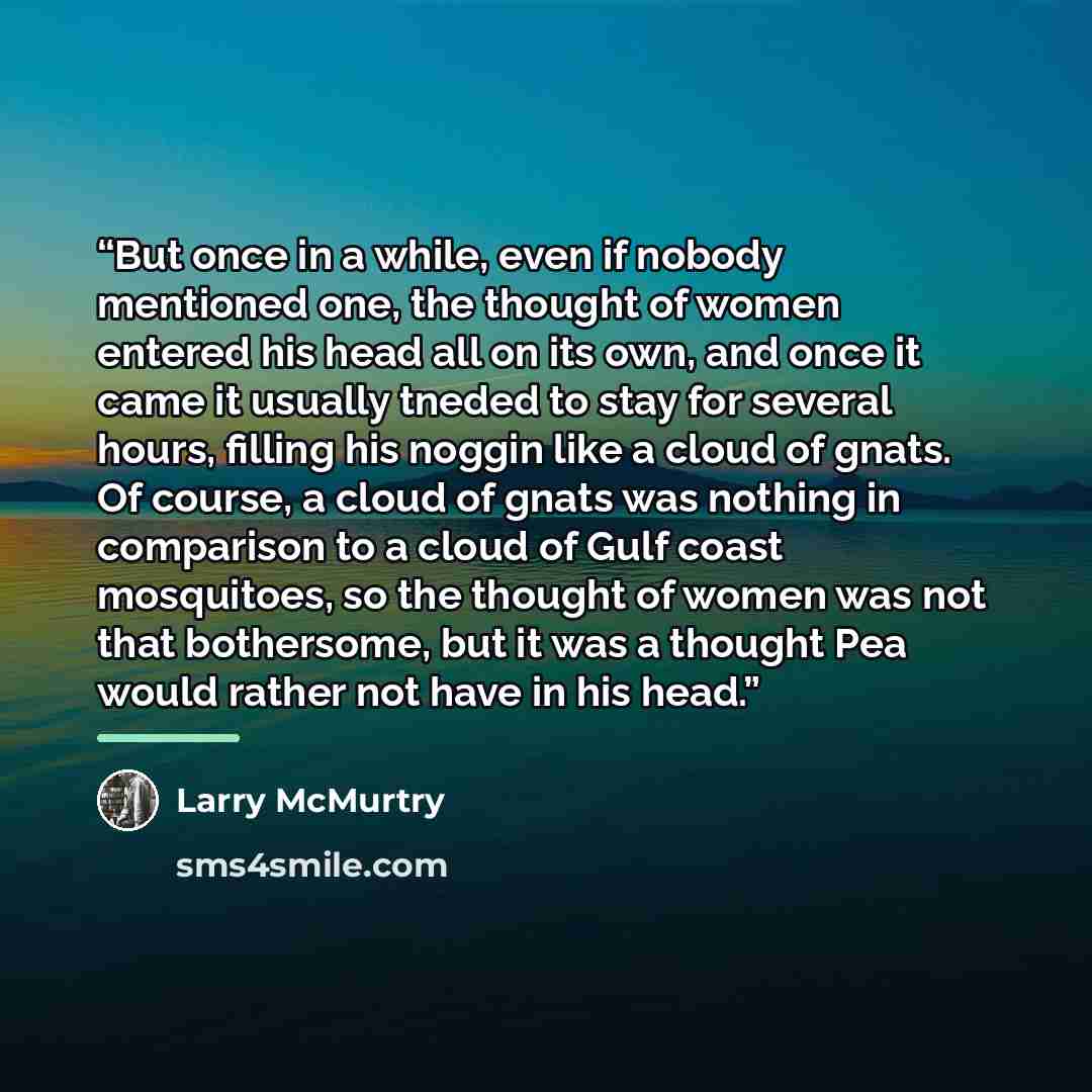 “But once in a while, even if nobody mentioned one, the thought of women entered his head all on its own, and once it came it usually tneded to stay for several hours, filling his noggin like a cloud of gnats. Of course, a cloud of gnats was nothing in comparison to a cloud of Gulf coast…” quote by Larry McMurtry
