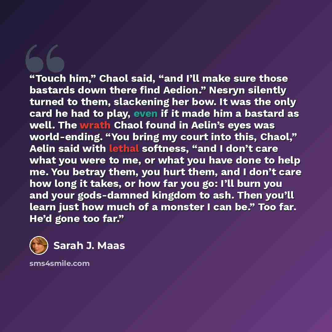 “Touch him,” Chaol said, “and I’ll make sure those bastards down there find Aedion.” Nesryn silently turned to them, slackening her bow. It was the only card he had to play, even if it made him a bastard as well. The wrath Chaol found in Aelin’s eyes was world-ending. “You bring my court into this…” quote by Sarah J. Maas