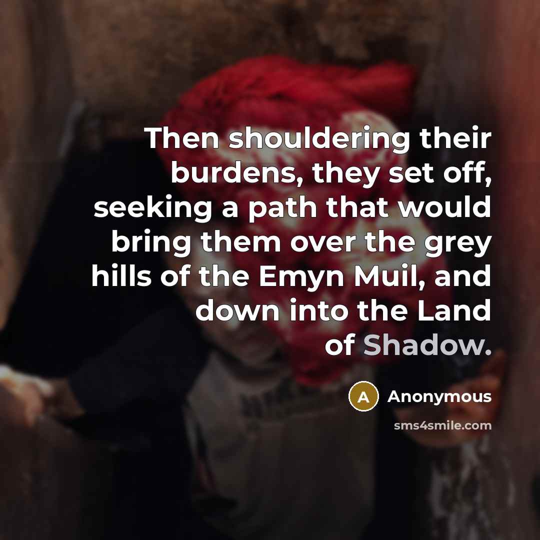“Then shouldering their burdens, they set off, seeking a path that would bring them over the grey hills of the Emyn Muil, and down into the Land of Shadow.” quote by Anonymous