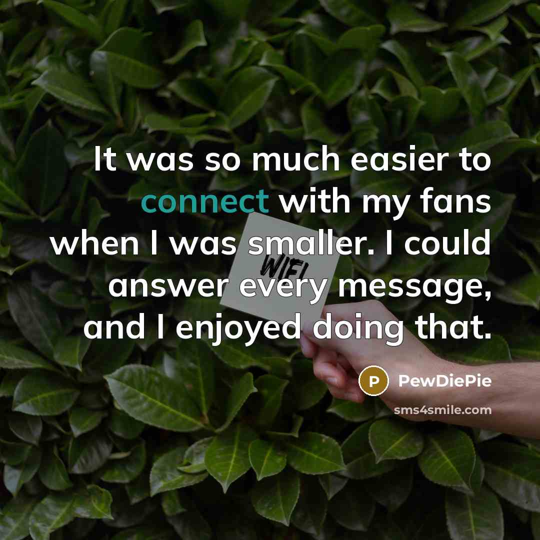 “It was so much easier to connect with my fans when I was smaller. I could answer every message, and I enjoyed doing that.” quote by PewDiePie