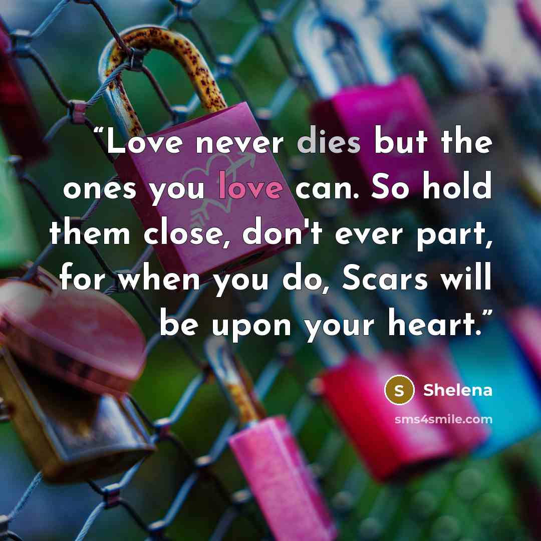 “Love never dies but the ones you love can. So hold them close, don't ever part, for when you do, Scars will be upon your heart.” quote by Shelena