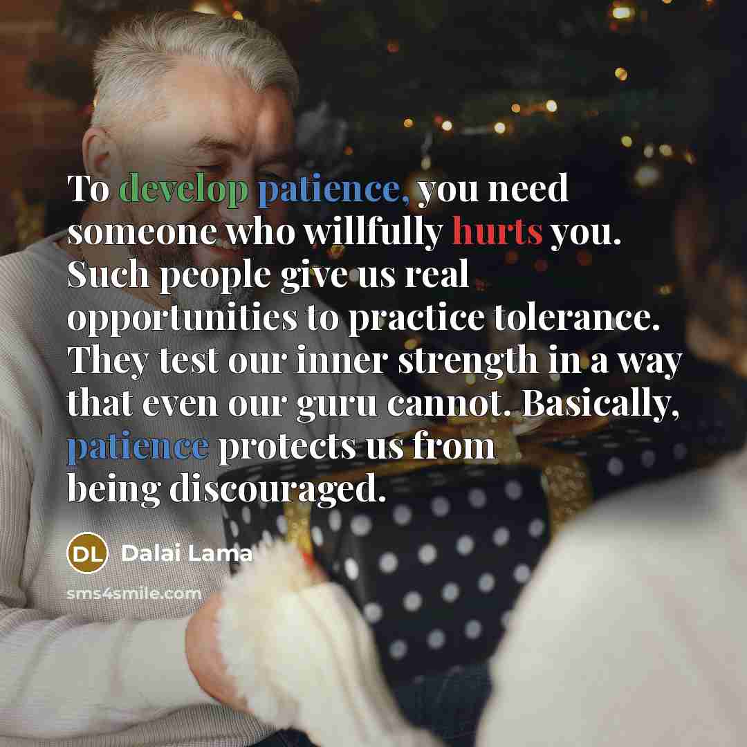 “To develop patience, you need someone who willfully hurts you. Such people give us real opportunities to practice tolerance. They test our inner strength in a way that even our guru cannot. Basically, patience protects us from being discouraged.” quote by Dalai Lama