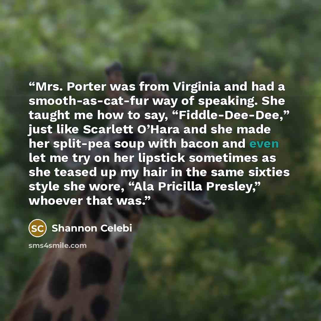 “Mrs. Porter was from Virginia and had a smooth-as-cat-fur way of speaking. She taught me how to say, “Fiddle-Dee-Dee,” just like Scarlett O’Hara and she made her split-pea soup with bacon and even let me try on her lipstick sometimes as she teased up my hair in the same sixties style she wore…” quote by Shannon Celebi