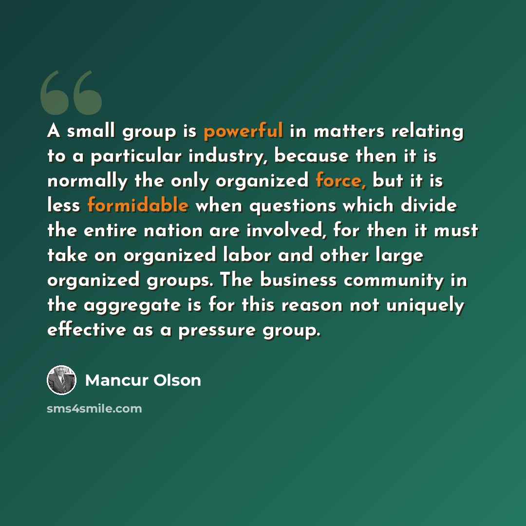 “A small group is powerful in matters relating to a particular industry, because then it is normally the only organized force, but it is less formidable when questions which divide the entire nation are involved, for then it must take on organized labor and other large organized groups. The…” quote by Mancur Olson