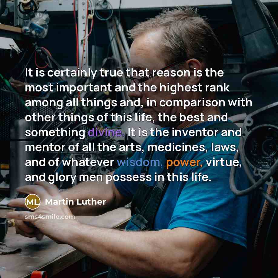 “It is certainly true that reason is the most important and the highest rank among all things and, in comparison with other things of this life, the best and something divine. It is the inventor and mentor of all the arts, medicines, laws, and of whatever wisdom, power, virtue, and glory men…” quote by Martin Luther