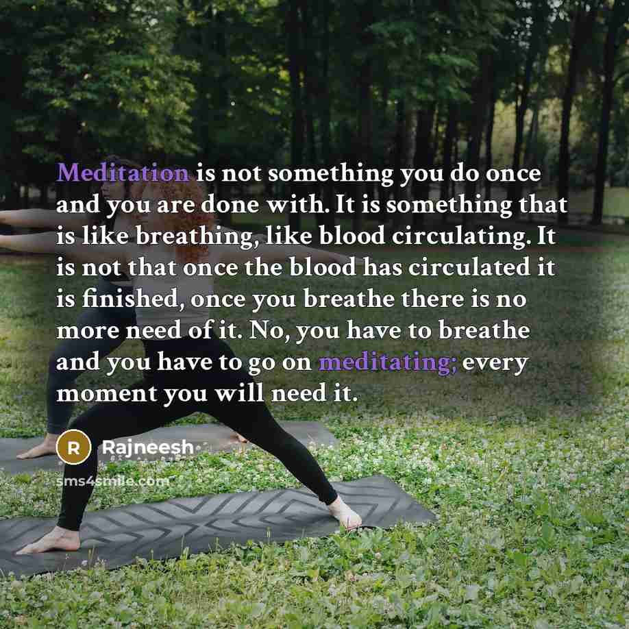 “Meditation is not something you do once and you are done with. It is something that is like breathing, like blood circulating. It is not that once the blood has circulated it is finished, once you breathe there is no more need of it. No, you have to breathe and you have to go on meditating; every…” quote by Rajneesh