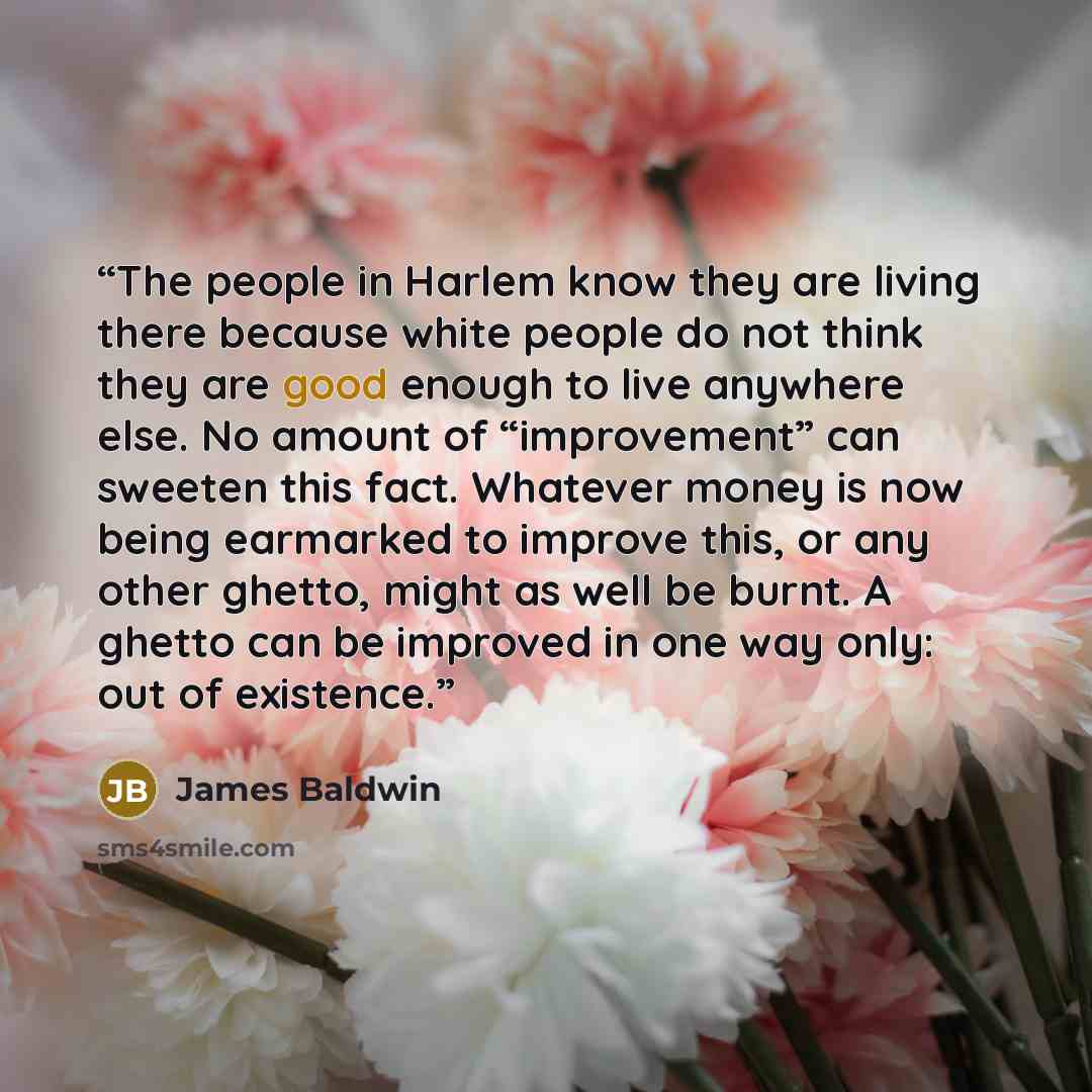 “The people in Harlem know they are living there because white people do not think they are good enough to live anywhere else. No amount of “improvement” can sweeten this fact. Whatever money is now being earmarked to improve this, or any other ghetto, might as well be burnt. A ghetto can be…” quote by James Baldwin