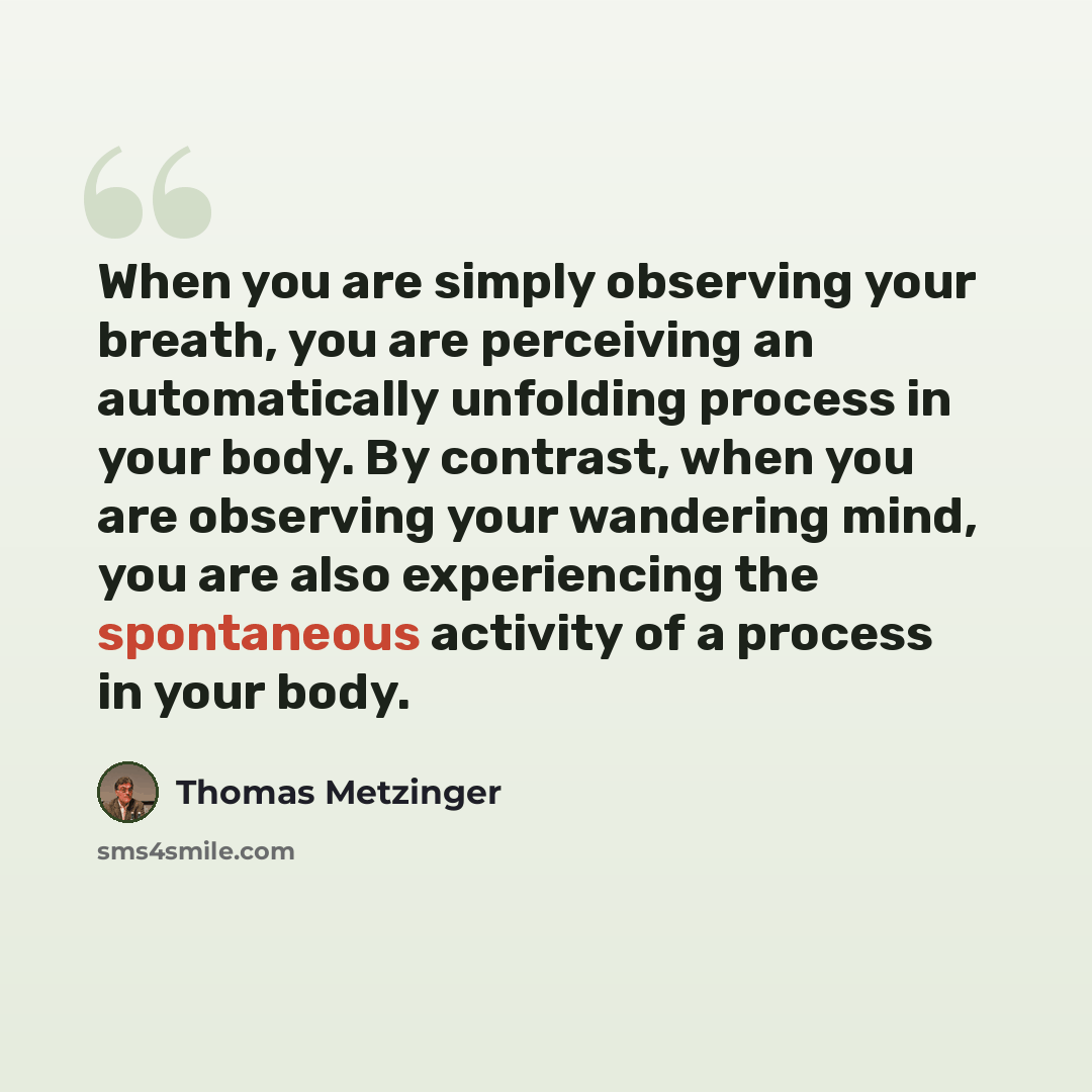 “When you are simply observing your breath, you are perceiving an automatically unfolding process in your body. By contrast, when you are observing your wandering mind, you are also experiencing the spontaneous activity of a process in your body.” quote by Thomas Metzinger