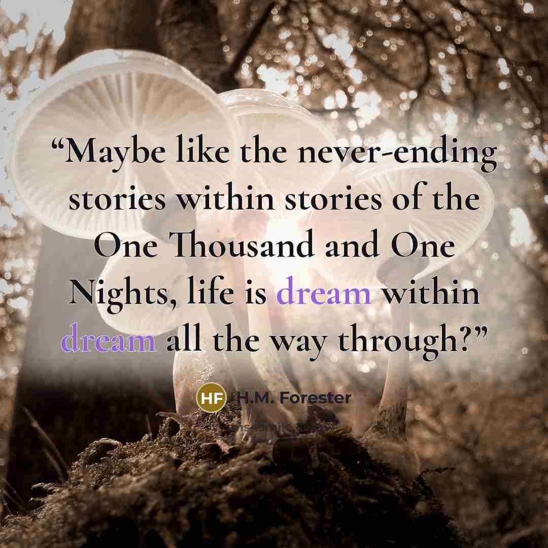 “Maybe like the never-ending stories within stories of the One Thousand and One Nights, life is dream within dream all the way through?” quote by H.M. Forester