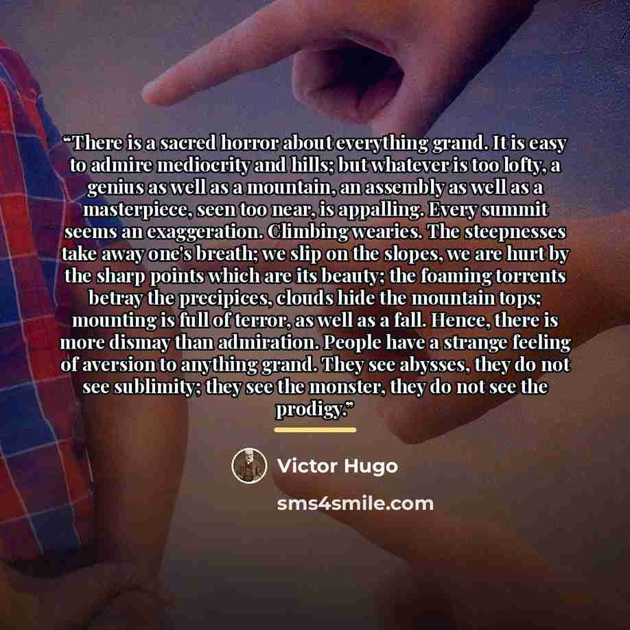 “There is a sacred horror about everything grand. It is easy to admire mediocrity and hills; but whatever is too lofty, a genius as well as a mountain, an assembly as well as a masterpiece, seen too near, is appalling. Every summit seems an exaggeration. Climbing wearies. The steepnesses take away…” quote by Victor Hugo