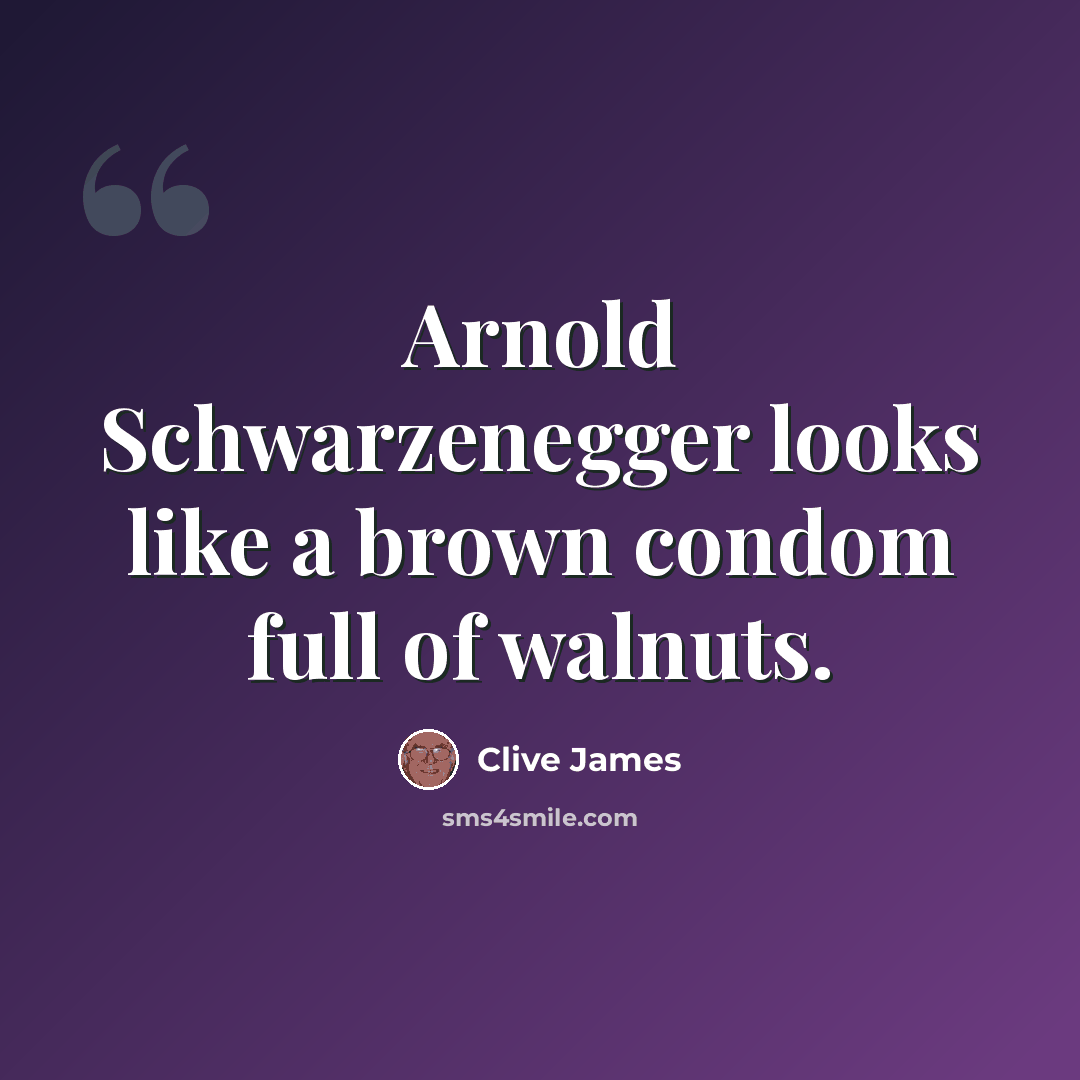 “Arnold Schwarzenegger looks like a brown condom full of walnuts.” quote by Clive James