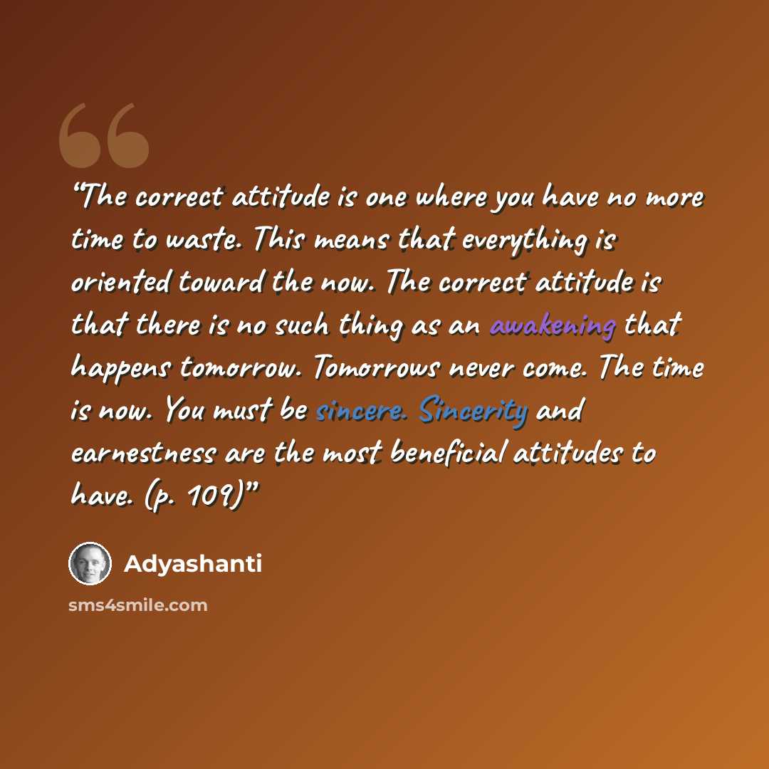 “The correct attitude is one where you have no more time to waste. This means that everything is oriented toward the now. The correct attitude is that there is no such thing as an awakening that happens tomorrow. Tomorrows never come. The time is now. You must be sincere. Sincerity and earnestness…” quote by Adyashanti