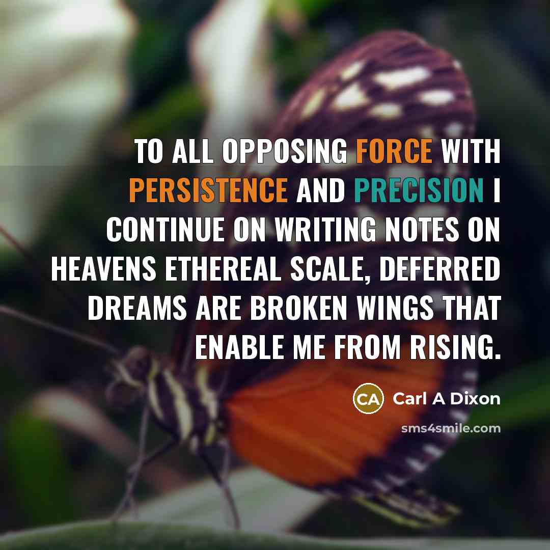 “To all opposing force with persistence and precision I continue on writing notes on Heavens ethereal scale, deferred dreams are broken wings that enable me from rising.” quote by Carl A Dixon