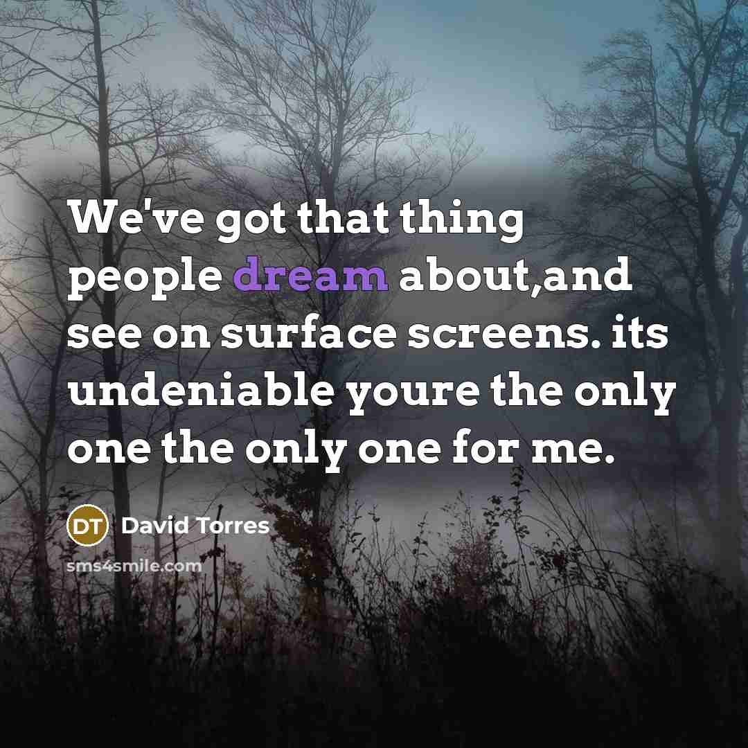 “We've got that thing people dream about,and see on surface screens. its undeniable youre the only one the only one for me.” quote by David Torres