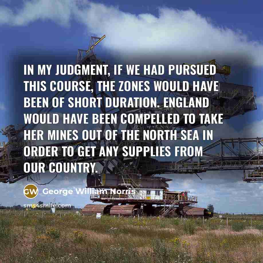“In my judgment, if we had pursued this course, the zones would have been of short duration. England would have been compelled to take her mines out of the North Sea in order to get any supplies from our country.” quote by George William Norris