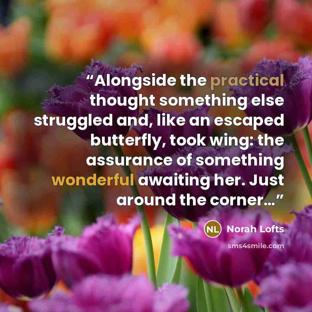 “Alongside the practical thought something else struggled and, like an escaped butterfly, took wing: the assurance of something wonderful awaiting her. Just around the corner…” quote by Norah Lofts