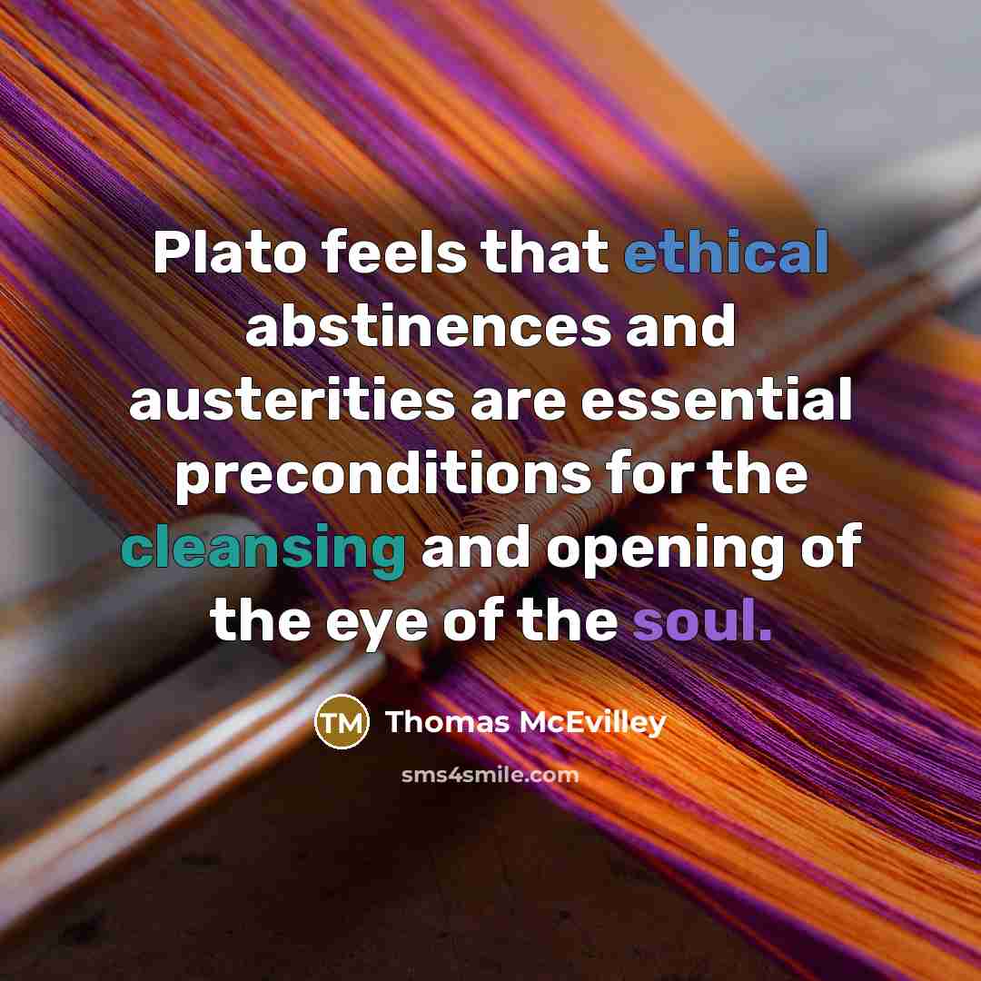 “Plato feels that ethical abstinences and austerities are essential preconditions for the cleansing and opening of the eye of the soul.” quote by Thomas McEvilley