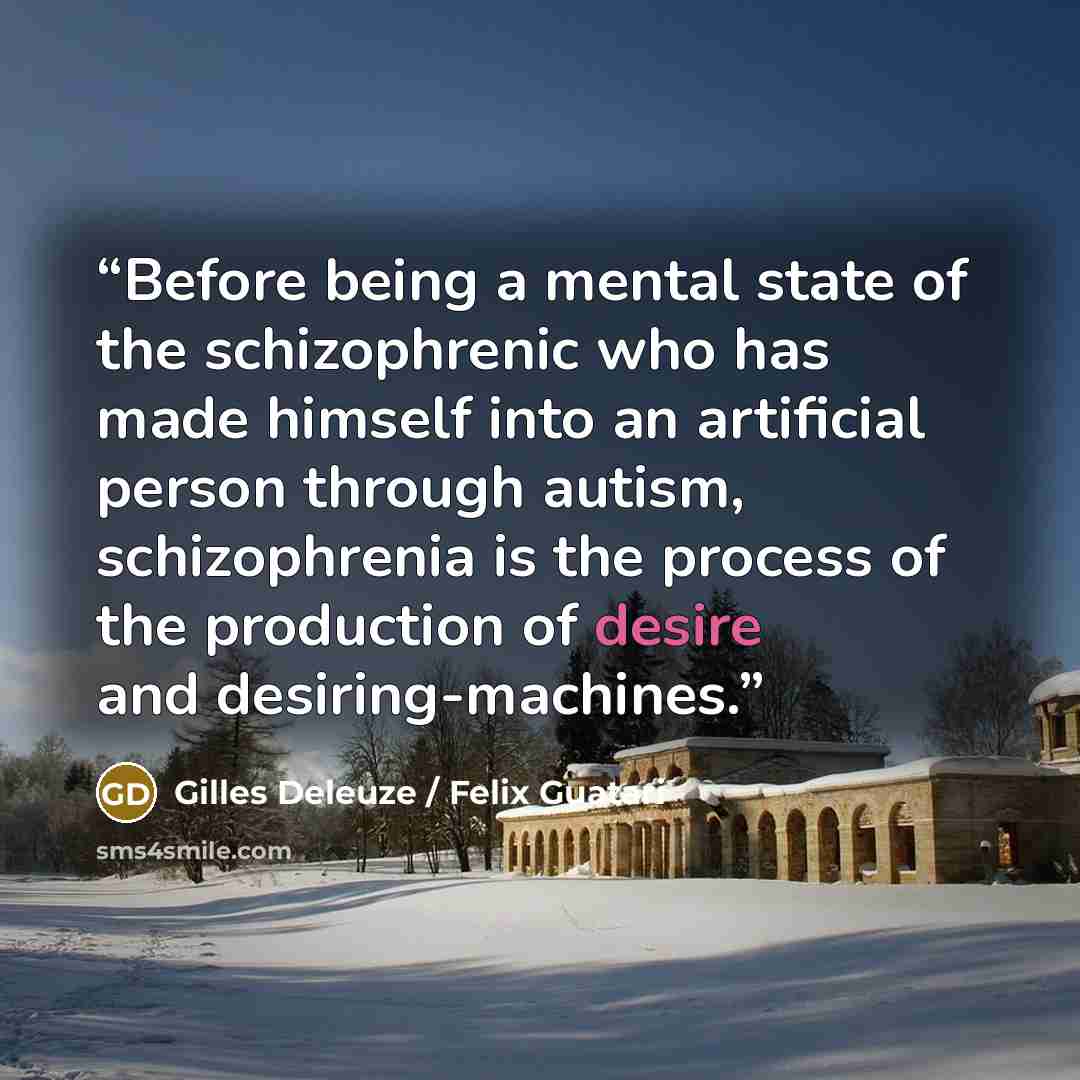 “Before being a mental state of the schizophrenic who has made himself into an artificial person through autism, schizophrenia is the process of the production of desire and desiring-machines.” quote by Gilles Deleuze / Felix Guatari