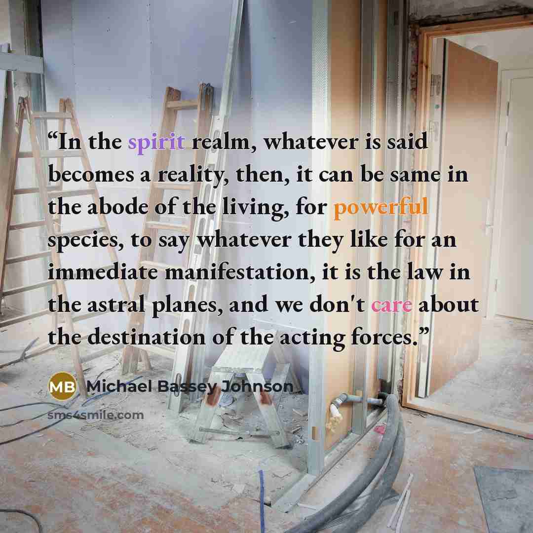 “In the spirit realm, whatever is said becomes a reality, then, it can be same in the abode of the living, for powerful species, to say whatever they like for an immediate manifestation, it is the law in the astral planes, and we don't care about the destination of the acting forces.” quote by Michael Bassey Johnson