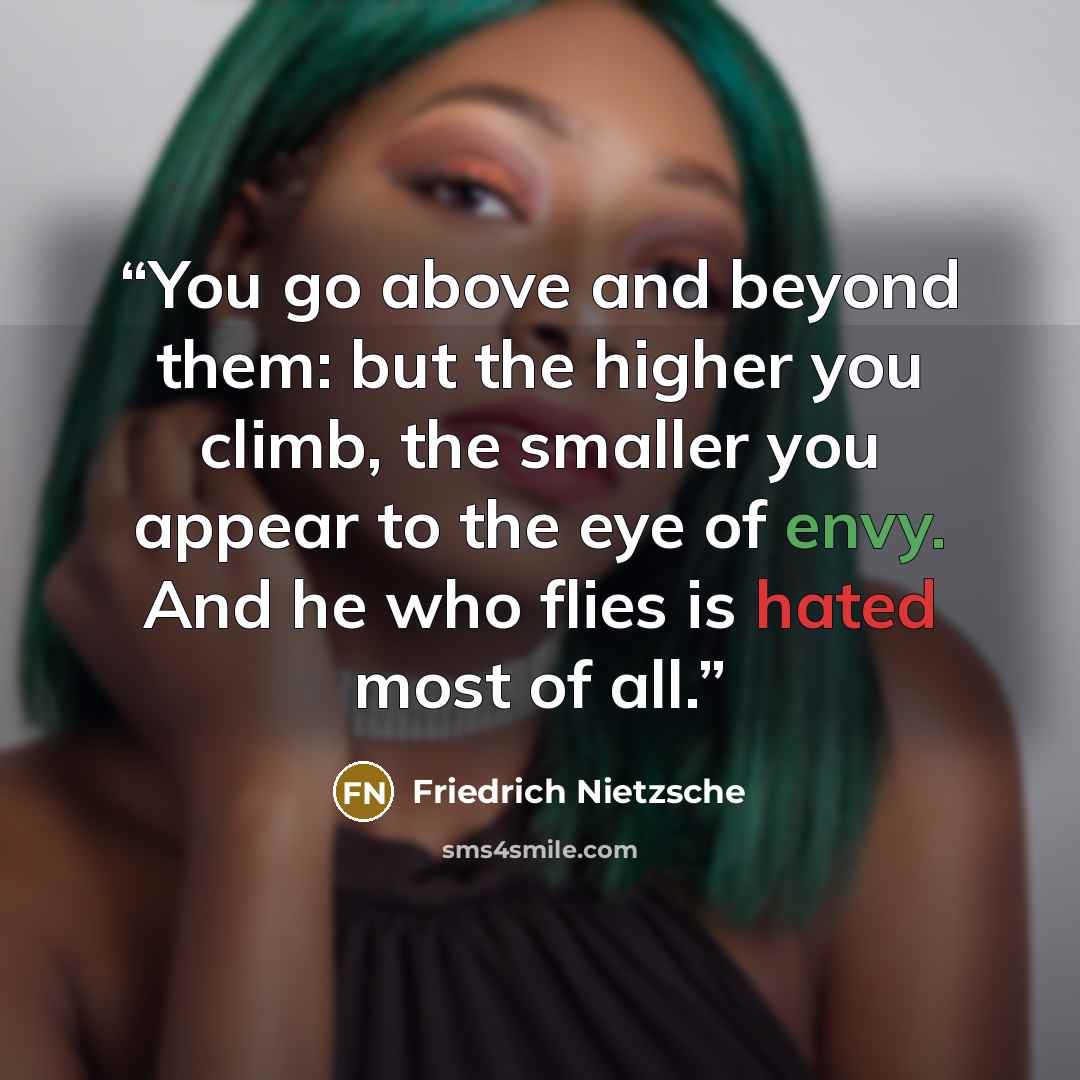 “You go above and beyond them: but the higher you climb, the smaller you appear to the eye of envy. And he who flies is hated most of all.” quote by Friedrich Nietzsche