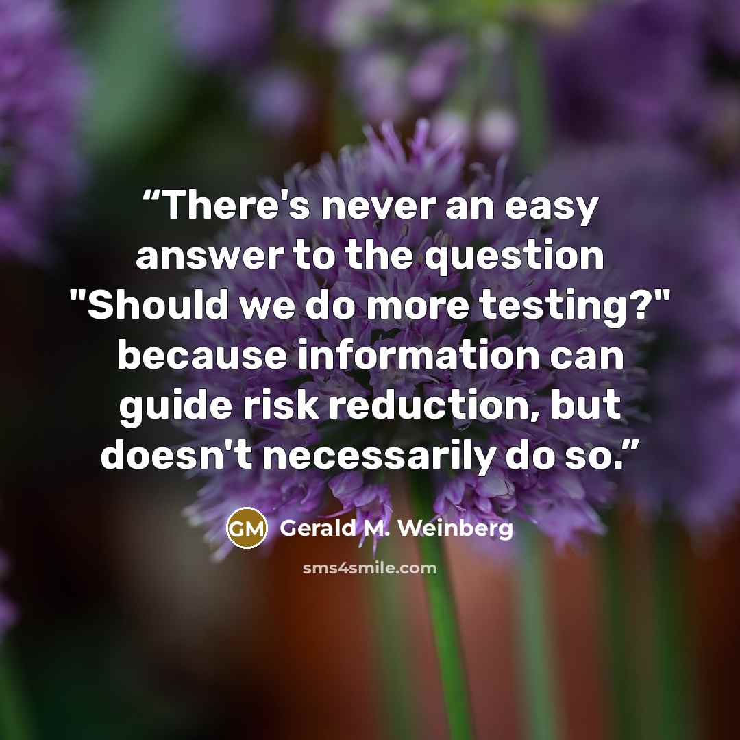 “There's never an easy answer to the question "Should we do more testing?" because information can guide risk reduction, but doesn't necessarily do so.” quote by Gerald M. Weinberg