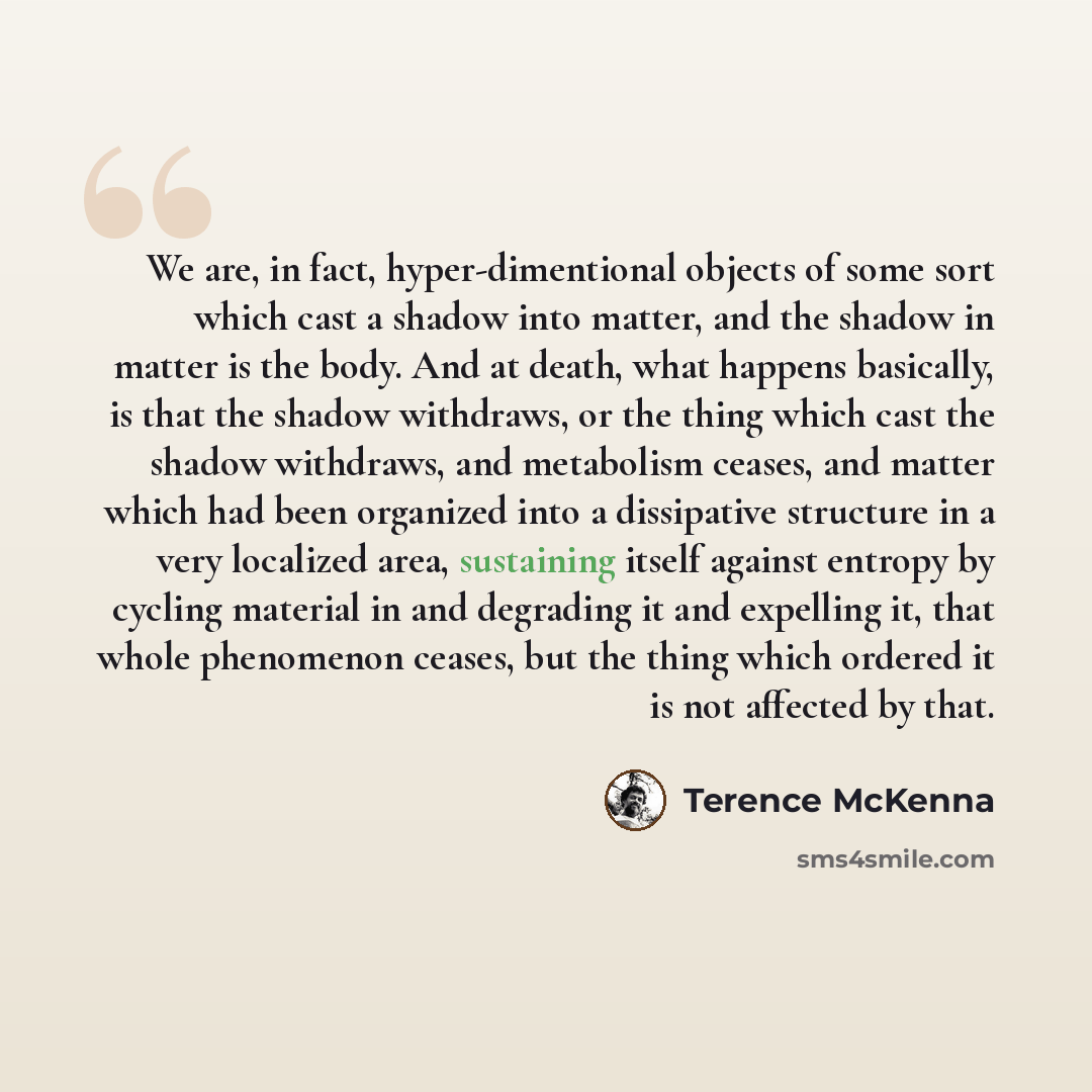 “We are, in fact, hyper-dimentional objects of some sort which cast a shadow into matter, and the shadow in matter is the body. And at death, what happens basically, is that the shadow withdraws, or the thing which cast the shadow withdraws, and metabolism ceases, and matter which had been…” quote by Terence McKenna