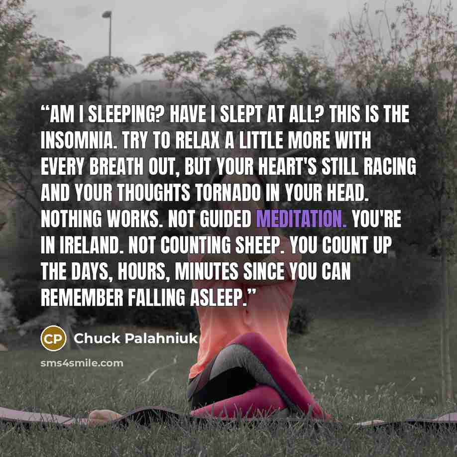 “Am I sleeping? Have I slept at all? This is the insomnia. Try to relax a little more with every breath out, but your heart's still racing and your thoughts tornado in your head. Nothing works. Not guided meditation. You're in Ireland. Not counting sheep. You count up the days, hours, minutes since…” quote by Chuck Palahniuk