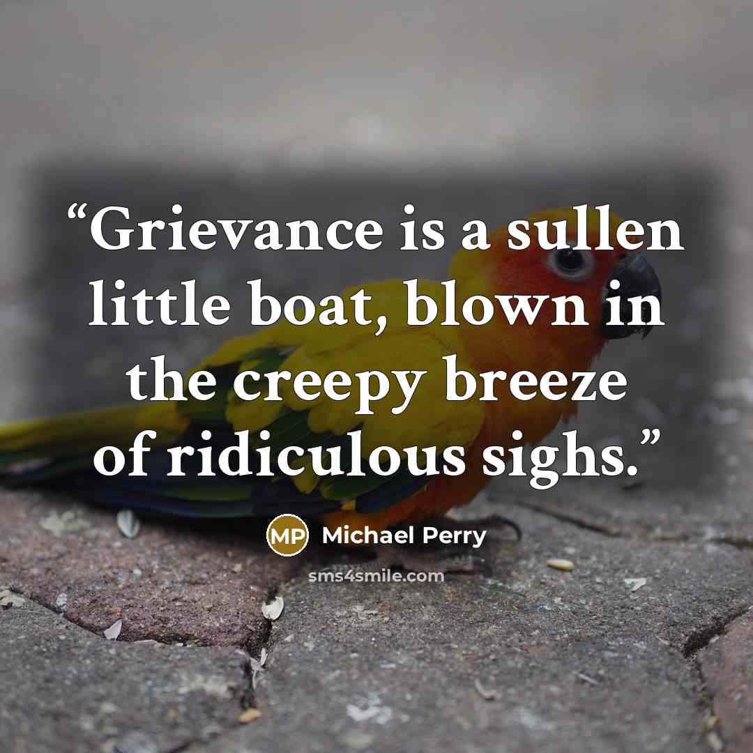 “Grievance is a sullen little boat, blown in the creepy breeze of ridiculous sighs.” quote by Michael Perry