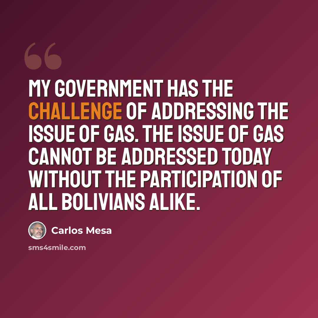 “My government has the challenge of addressing the issue of gas. The issue of gas cannot be addressed today without the participation of all Bolivians alike.” quote by Carlos Mesa